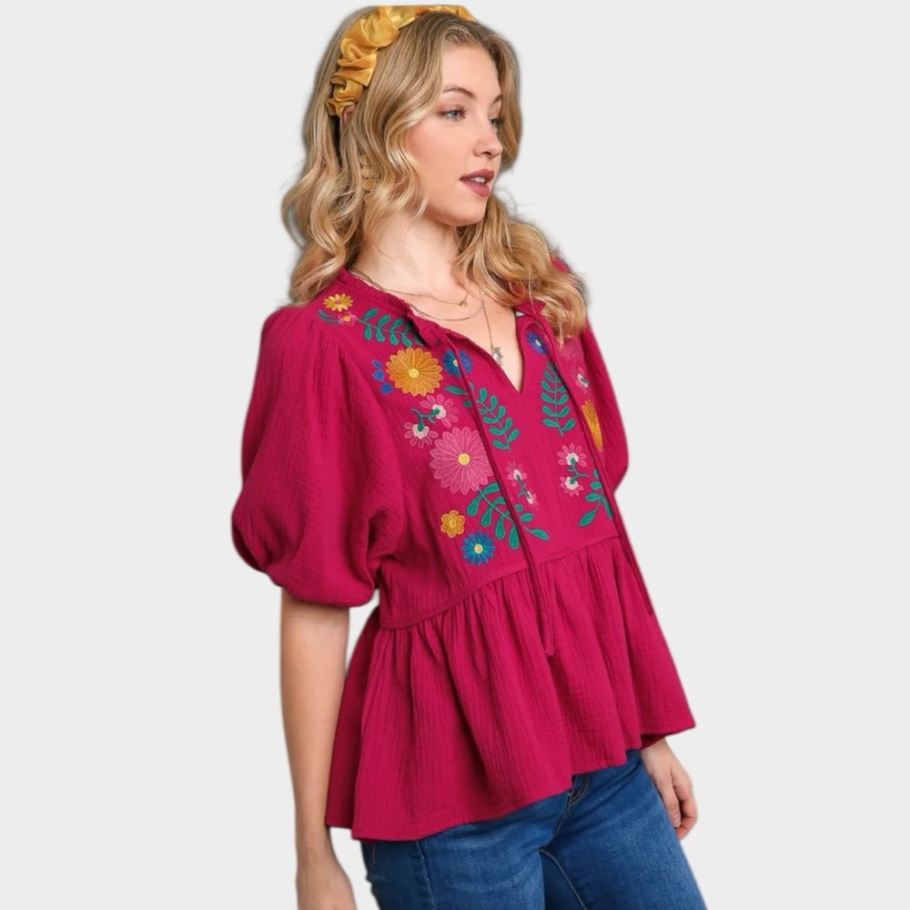 Umgee Cotton Gauze Floral Embroidery Babydoll Blouse in Deep Rose Size Small - Picture 4 of 12